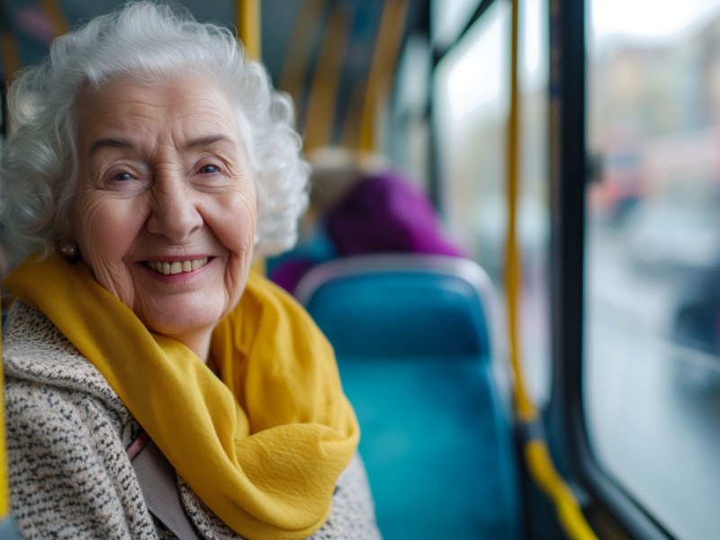 Eine lächelnde Rentnerin steht in einem Bus.