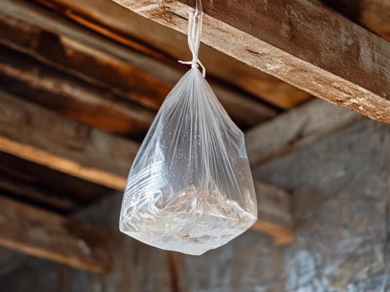 Ein mit Wasser gefÃ¼llter Plastikbeutel hÃ¤ngt an einem Holzbalken.