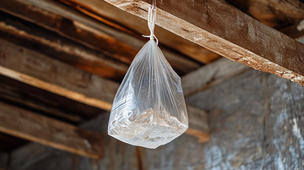 Ein mit Wasser gefÃ¼llter Plastikbeutel hÃ¤ngt an einem Holzbalken.