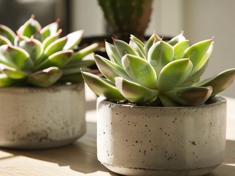 DIY-Blumentöpfe aus Beton mit Sukkulenten stehen auf einem Tisch.