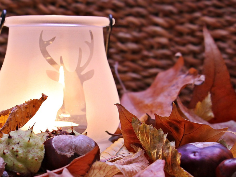 Ein Windlicht inmitten von herbstlichen Blättern und Kastanien.