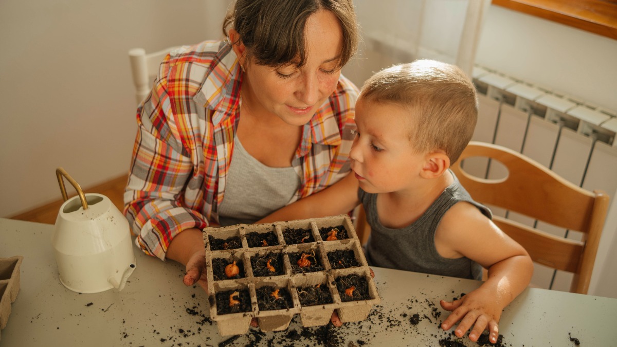 Mutter und Sohn pflanzen GemÃ¼se an