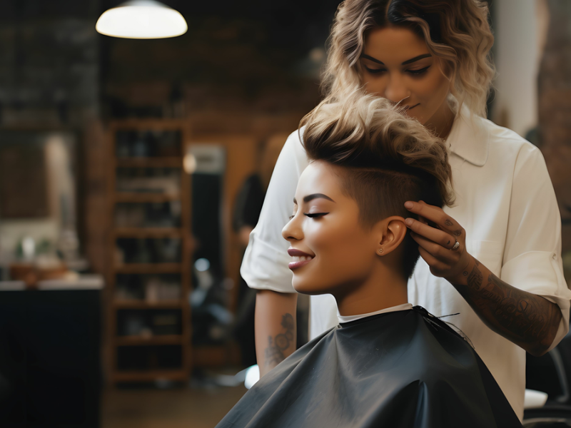 Eine Friseuse schneidet einer Frau ihre kurzen Haare.