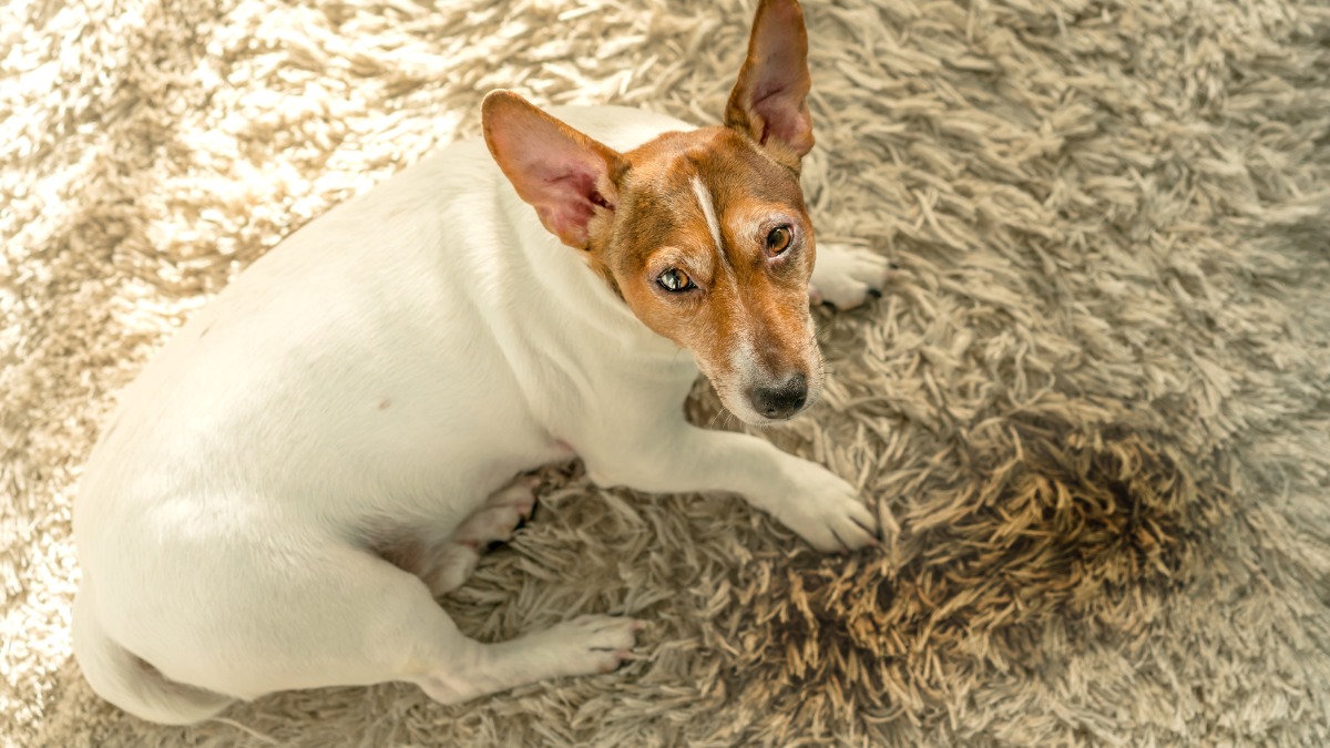 Urin aus Teppich entfernen: ein Hund sitzt neben einem Fleck auf einem Teppich