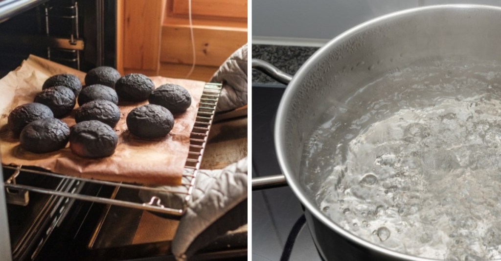 verbrannte Muffins und ein Topf mit kochendem Wasser