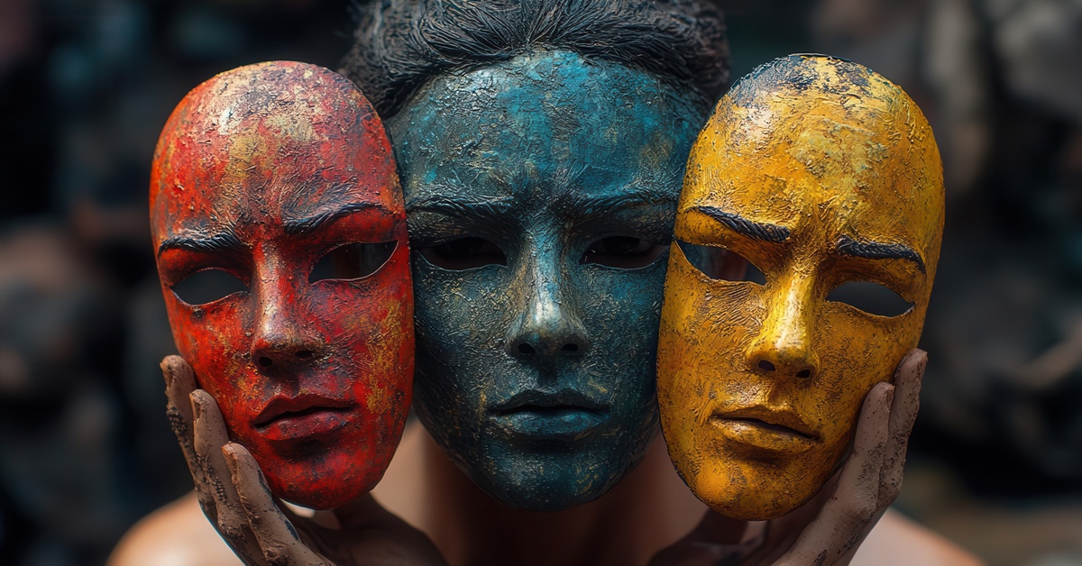 Person mit drei Masken in den Farben Rot, Blau und Gelb.