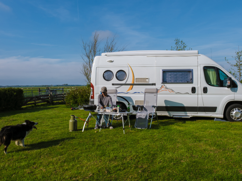 Ein Campingmobil steht auf einer grünen Wiese.