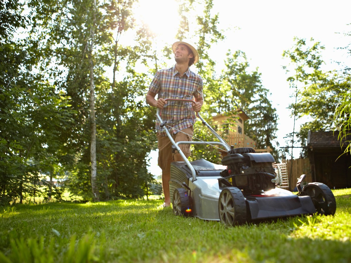 Mann mÃ¤ht Rasen im Garten