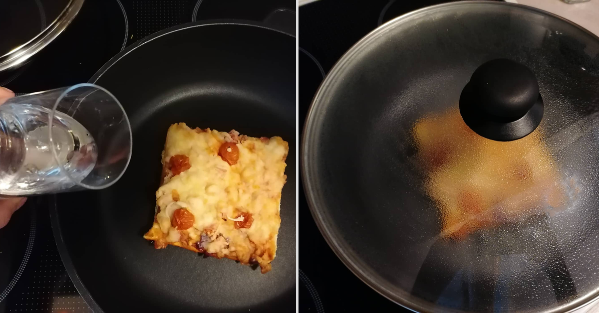 Auf dem linken Bild liegt ein Stück Pizza in einer Pfanne und es wird etwas Wasser hinzugegeben. Auf dem rechten Bild liegt ein Deckel auf der Pfanne. Mit diesem Trick kann man Pizza ganz leicht aufwärmen.