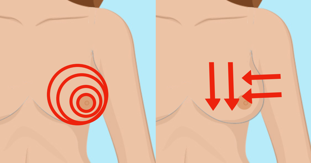 Brust abtasten: Einmal in konzentrischen Kreisen in Richtung Brustwarze. Dann noch einmal von oben nach unten und von links nach rechts.