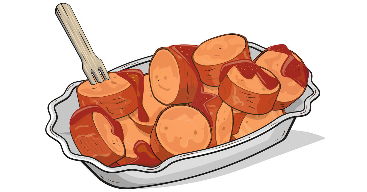 Illustration einer Currywurst auf einem Pappteller mit einer kleinen Gabel.