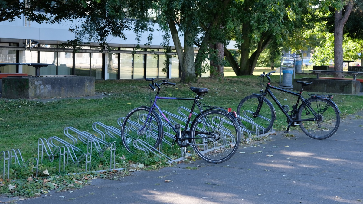 Zwei FahrrÃ¤der stehen in einem allseits bekannten FahrradstÃ¤nder.