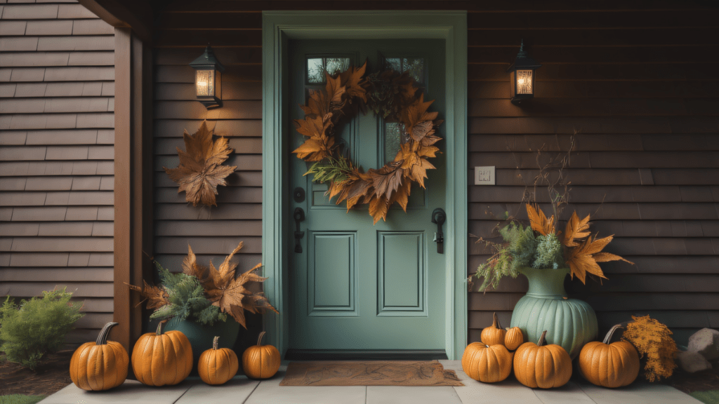 Ein herbstlich geschmückter Eingangsbereich eines Hauses.