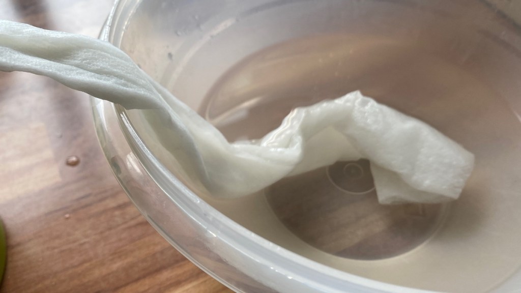 Ein nasses Stück Küchenrolle in einer Plastikschüssel.