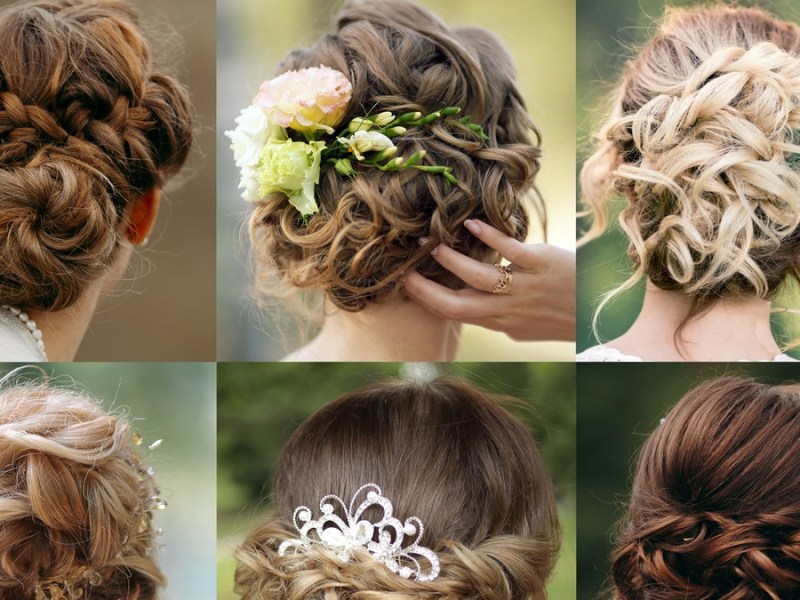 Verschiedenen Frauen mit Hochsteckfrisuren von hinten fotografiert.