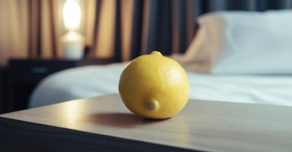 Zitrone in Nahaufnahme neben einem Bett.