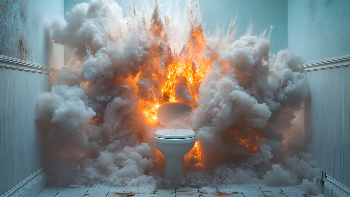 Eine Toilette explodiert.