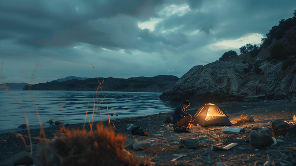 Ein Mann sitzt bei Nacht vor einem Zelt am Strand.