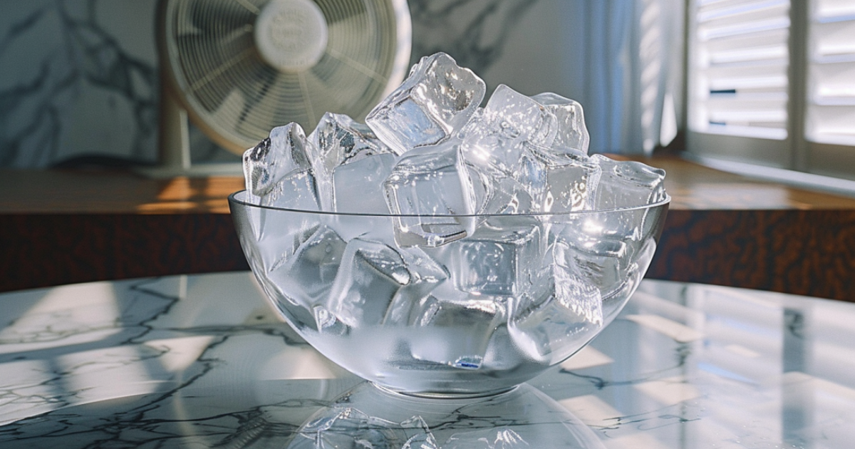 Eine Schüssel mit Eiswürfeln steht vor einem Ventilator.