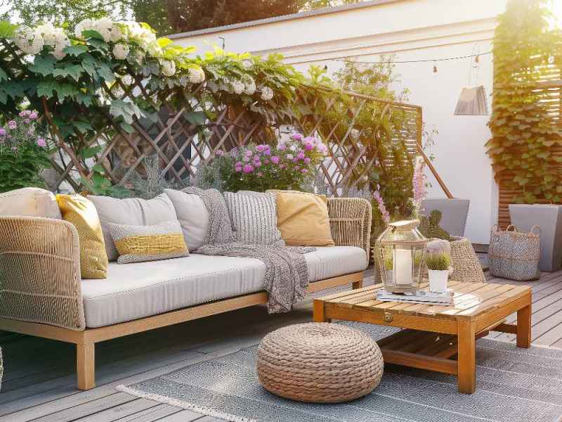 Ein gemÃ¼tlicher Balkon mit Sofa-MÃ¶beln und Sichtschutz-Pflanzen im Hintergrund.