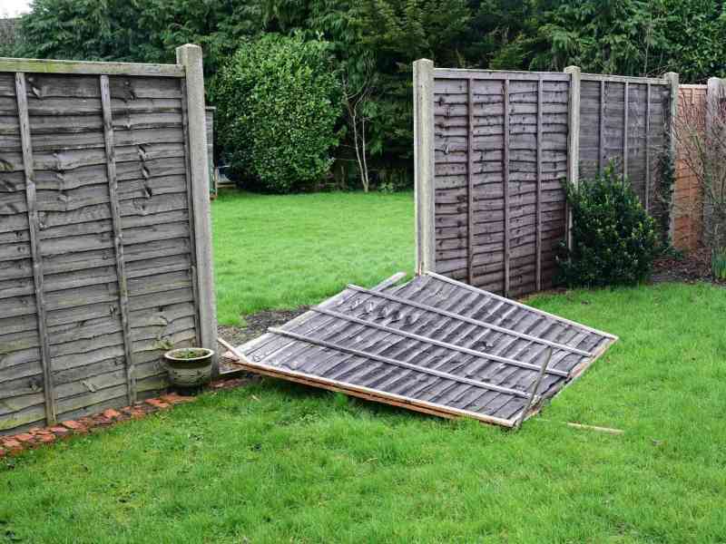Ein Sturmschaden in einem Garten: Ein umgekippter Kartenzaun.