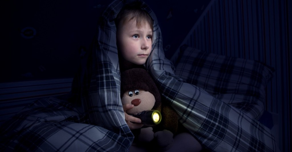 Ein kleiner Junge versteckt sich mit Teddy und Taschenlampe unter einer Bettdecke