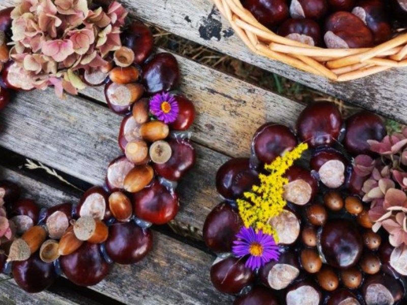 KrÃ¤nze, gebastelt aus Kastanien, Eicheln und BlÃ¼ten