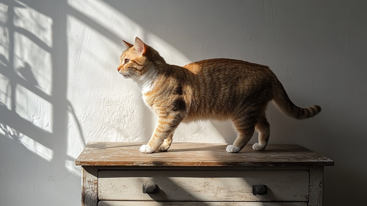 Eine Katze steht auf einer IKEA-Kommode vor einer weißen Wand in einem Wohnzimmer.