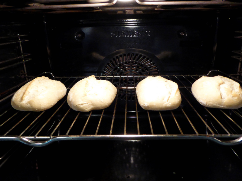 4 BrÃ¶tchen liegen auf einer Backschiene im Ofen.