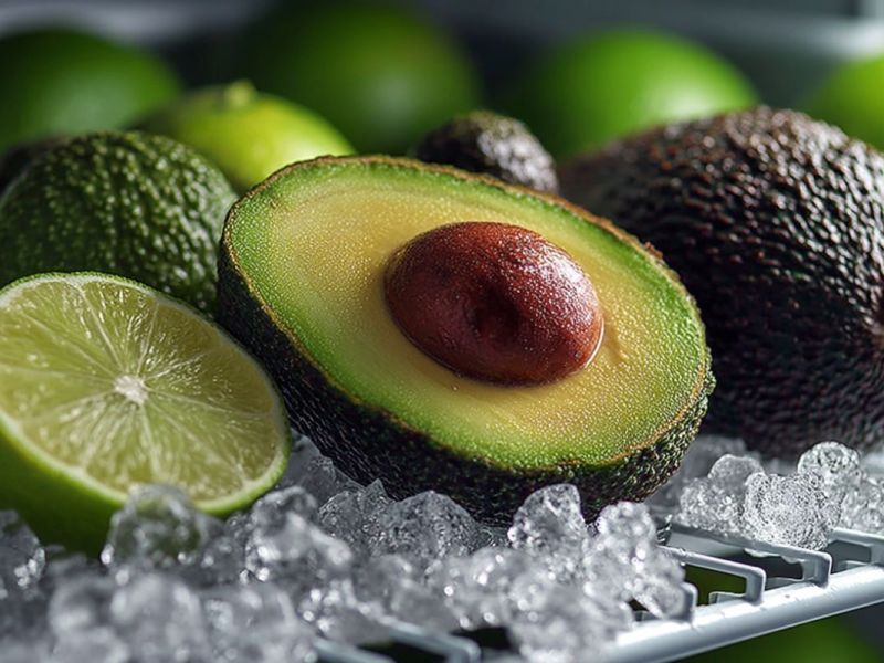 Eine aufgeschnittene Avocado im Eisfach.