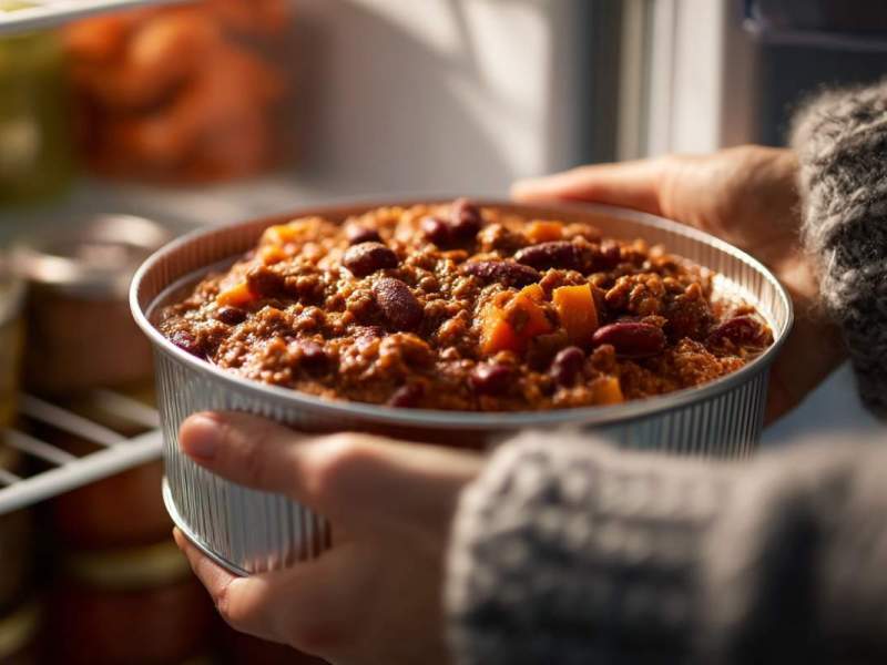 Ein Mensch stellt eine Schüssel mit Chili con Carne in den Kühlschrank.
