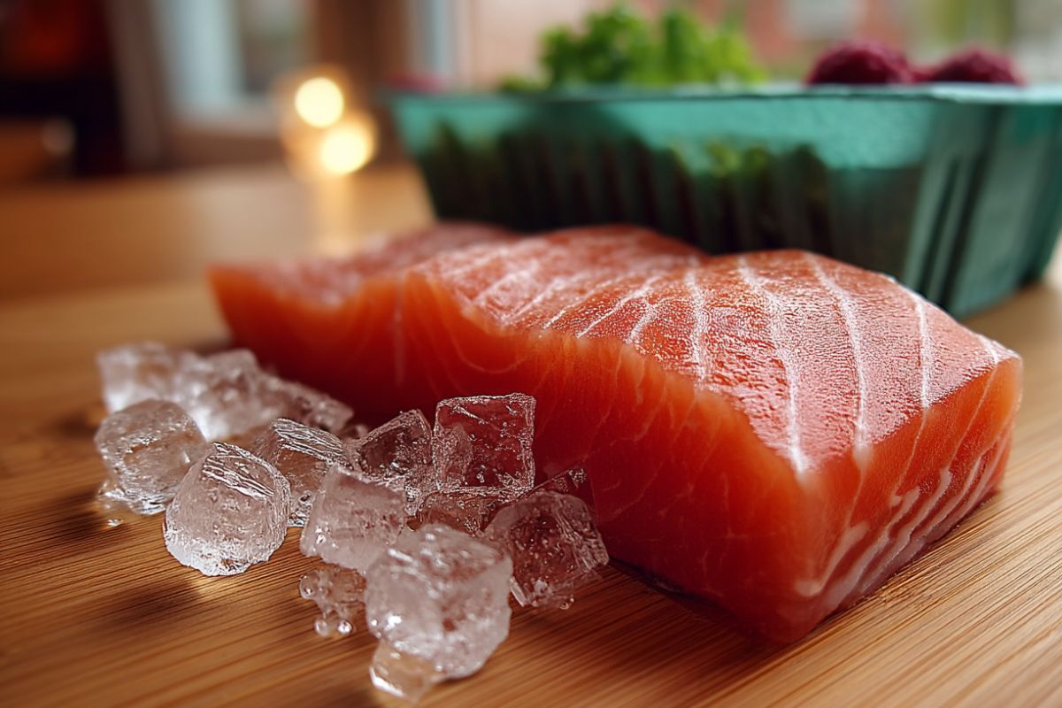 Ein Stück Lachs liegt mit einigen Eiswürfeln auf dem Tisch.