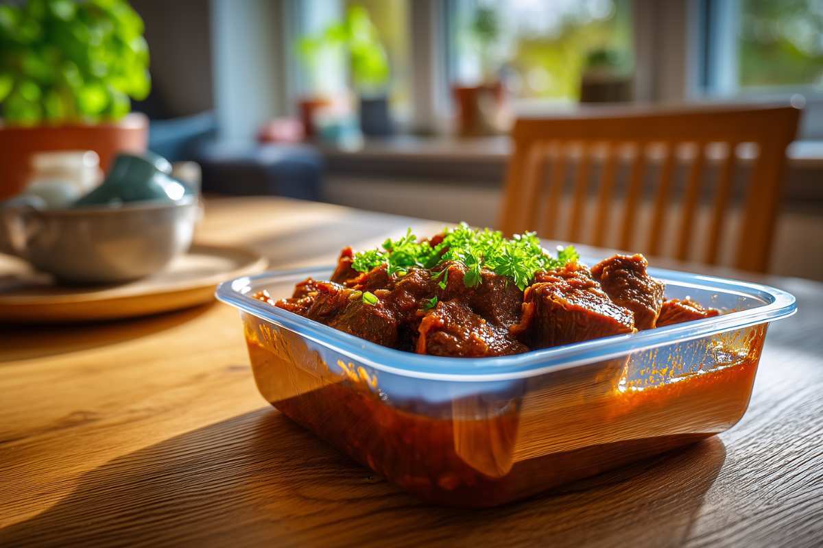 Eine Portion Gulasch steht auf dem Küchentisch.
