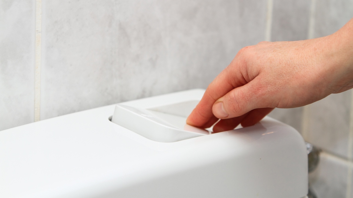 Eine Hand betätigt den Spülknopf an Spülkasten einer Toilette.