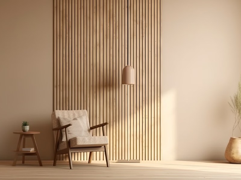 Ein Wohnzimmer mit Paneelen aus Holz.