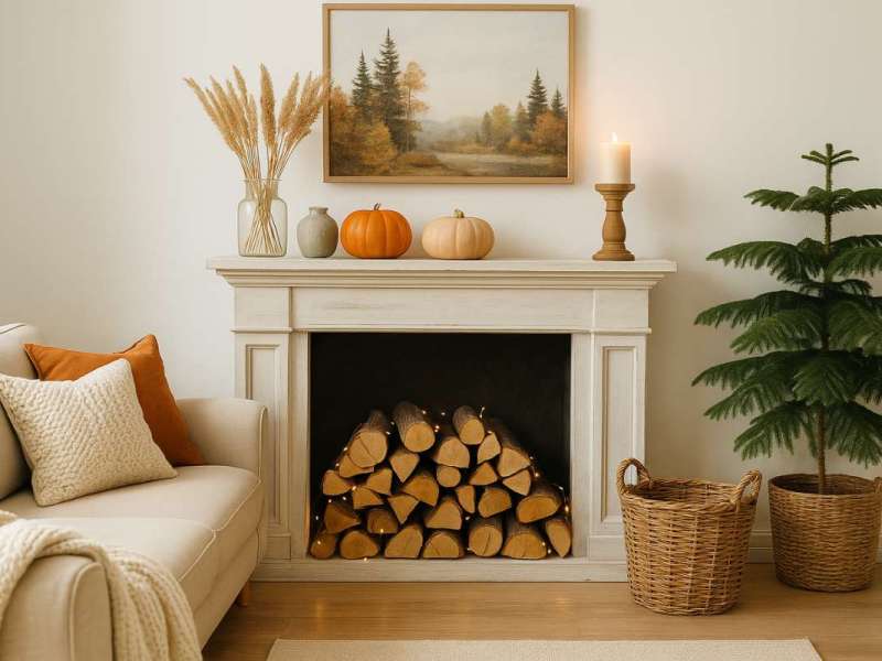 Schön dekorierter Kamin im Wohnzimmer.