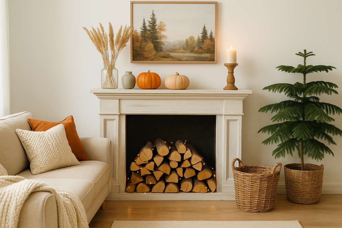 Schön dekorierter Kamin im Wohnzimmer.