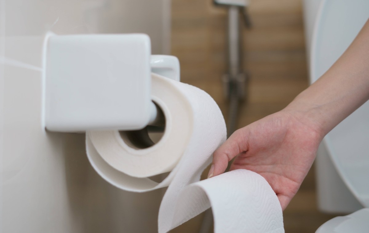 Eine Hand zieht Klopapier von einer Rolle in einem Badezimmer ab.