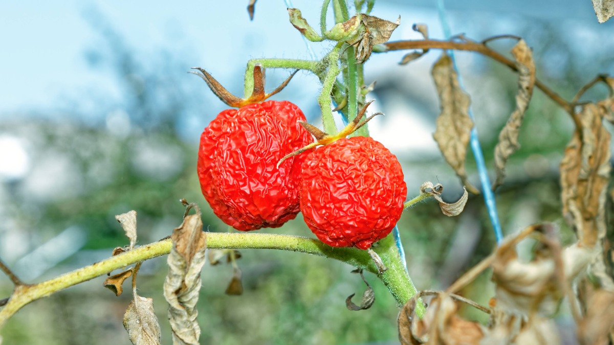 Zwei verschrumpelte Tomaten, die an einem kaputten Strauch mit gelben Blättern hängen.