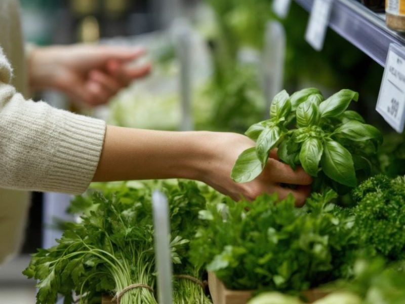 Eine Frau, die im Supermarkt eine Basilikumpflanze im Topf aus dem Regal nimmt.