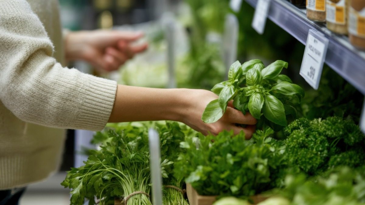 Eine Frau, die im Supermarkt eine Basilikumpflanze im Topf aus dem Regal nimmt.
